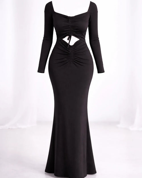 Model wearing black bodycon dress with full sleeves and drawstring detail from neck to waist, fashion desi party wear