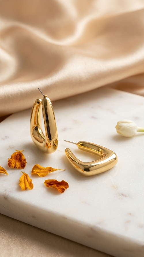 Gold colour hoop earrings with half square hoop earrings and lightweight 
