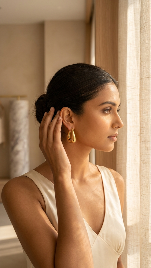 Model wearing Gold colour hoop earrings with half square hoop earrings and lightweight 