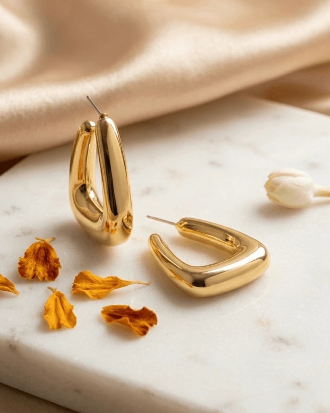 Gold colour hoop earrings with half square hoop earrings and lightweight 