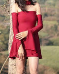 Model wearing maroon / crimson colour mini tube dress with detachable sleeves 