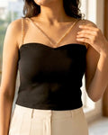 Model wearing black tube top sweetheart neckline with detachable beads accessories of shoulder straps