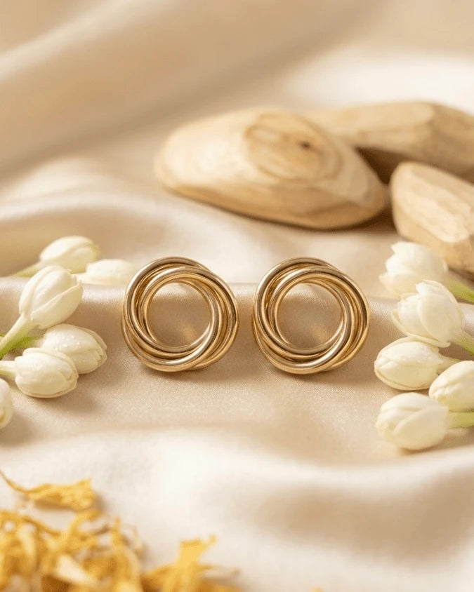 Golden studs earrings with gold rings on each other type Affordable 