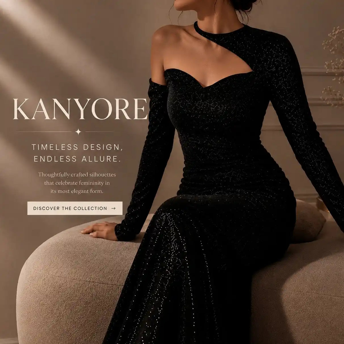 Kanyore hero image poster with show casing brand dress with black long beautiful stunning dress with one shoulder black dress with asymmetrical neck with fashion desi