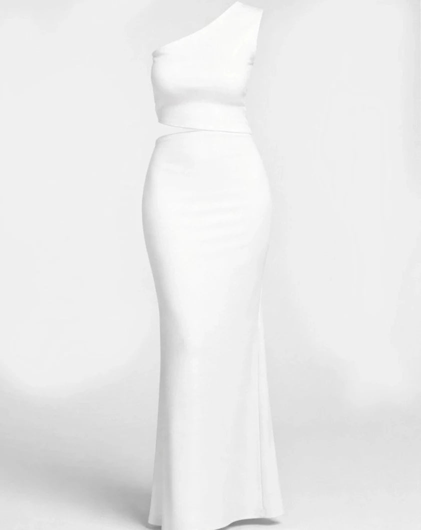 White colour co-ord set with long bodycon skirt with one shoulder crop top with up down waist top pattern
