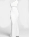 White colour co-ord set with long bodycon skirt with one shoulder crop top with up down waist top pattern