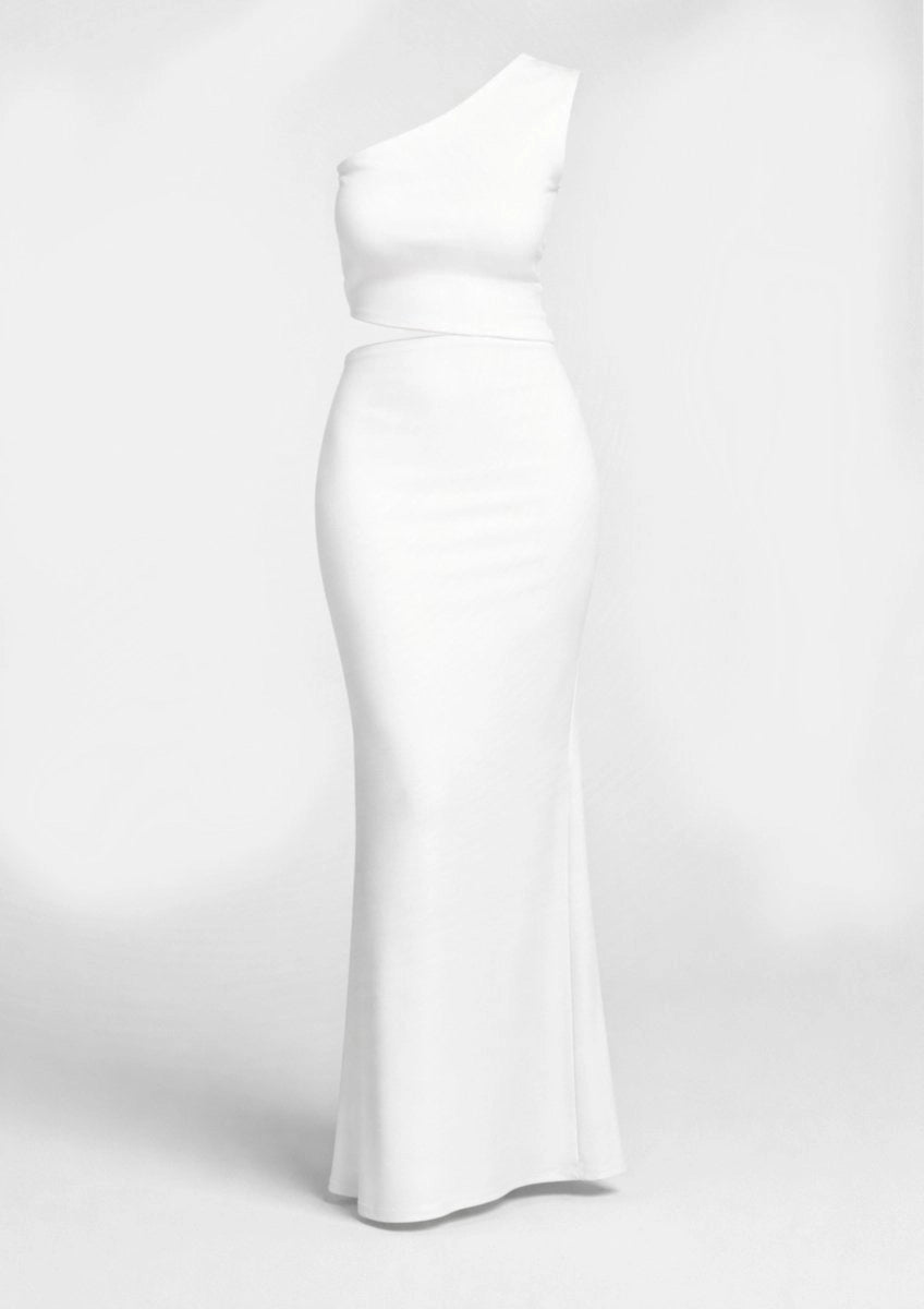 White colour co-ord set with long bodycon skirt with one shoulder crop top with up down waist top pattern