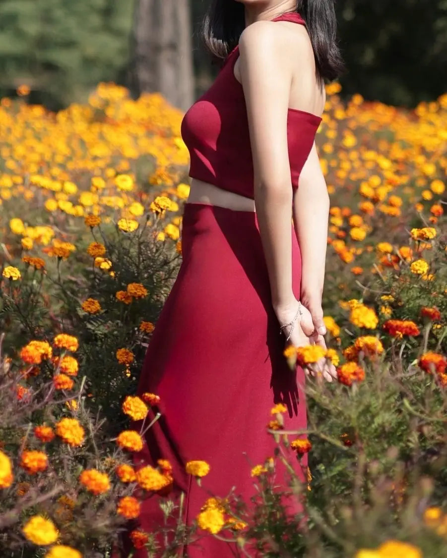 Model wearing maroon colour co-ord set with long bodycon skirt and halter neck crop top, back side