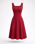 Maroon calf length dress with square neck and backless pattern with sleeve less, circular bottom dress