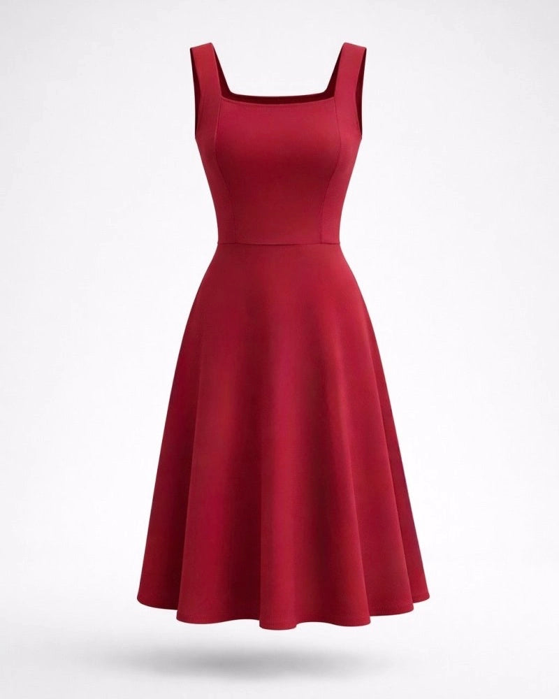 Maroon calf length dress with square neck and backless pattern with sleeve less, circular bottom dress