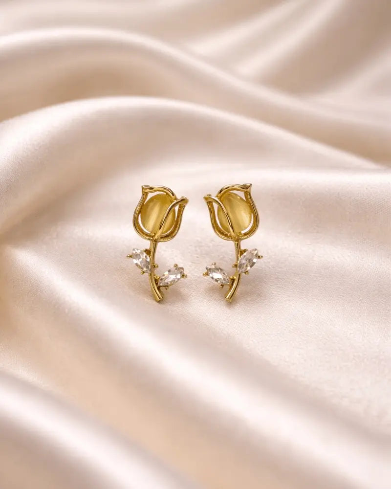 Tulip flower like earring studs with small diamonds on it , golden colour