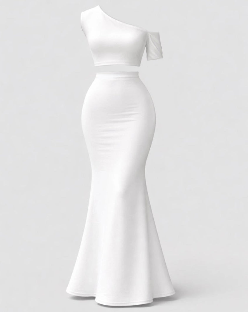 White co-ord set for women with long bottom bodycon skirt with crop top with one shoulder top