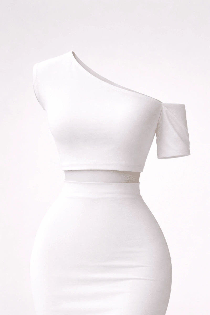Ghost dummy wearing white crop top with one shoulder and on other side half sleeve white colour