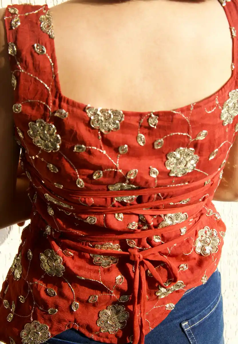 Chatpate rust Y2K top showing back tie-up detail