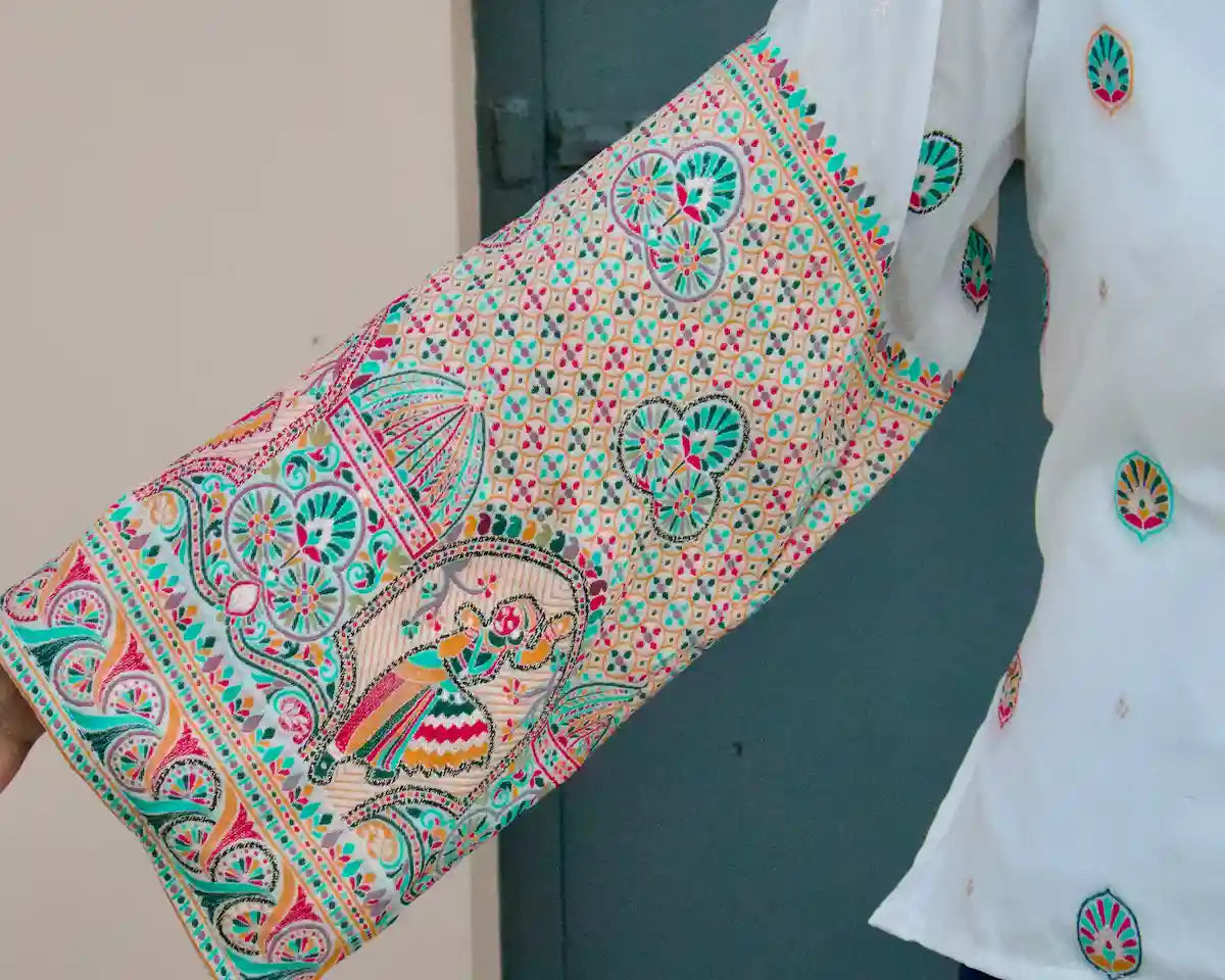 Close-up of the woven folk-style border on the bell sleeve